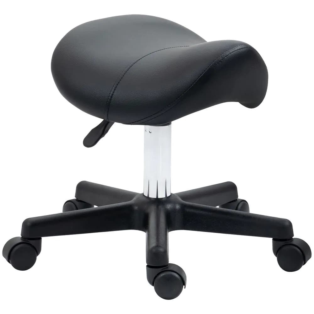 image-Saddle Stool PU Leather Adjustable Rolling Salon Chair Steel Frame for Massage