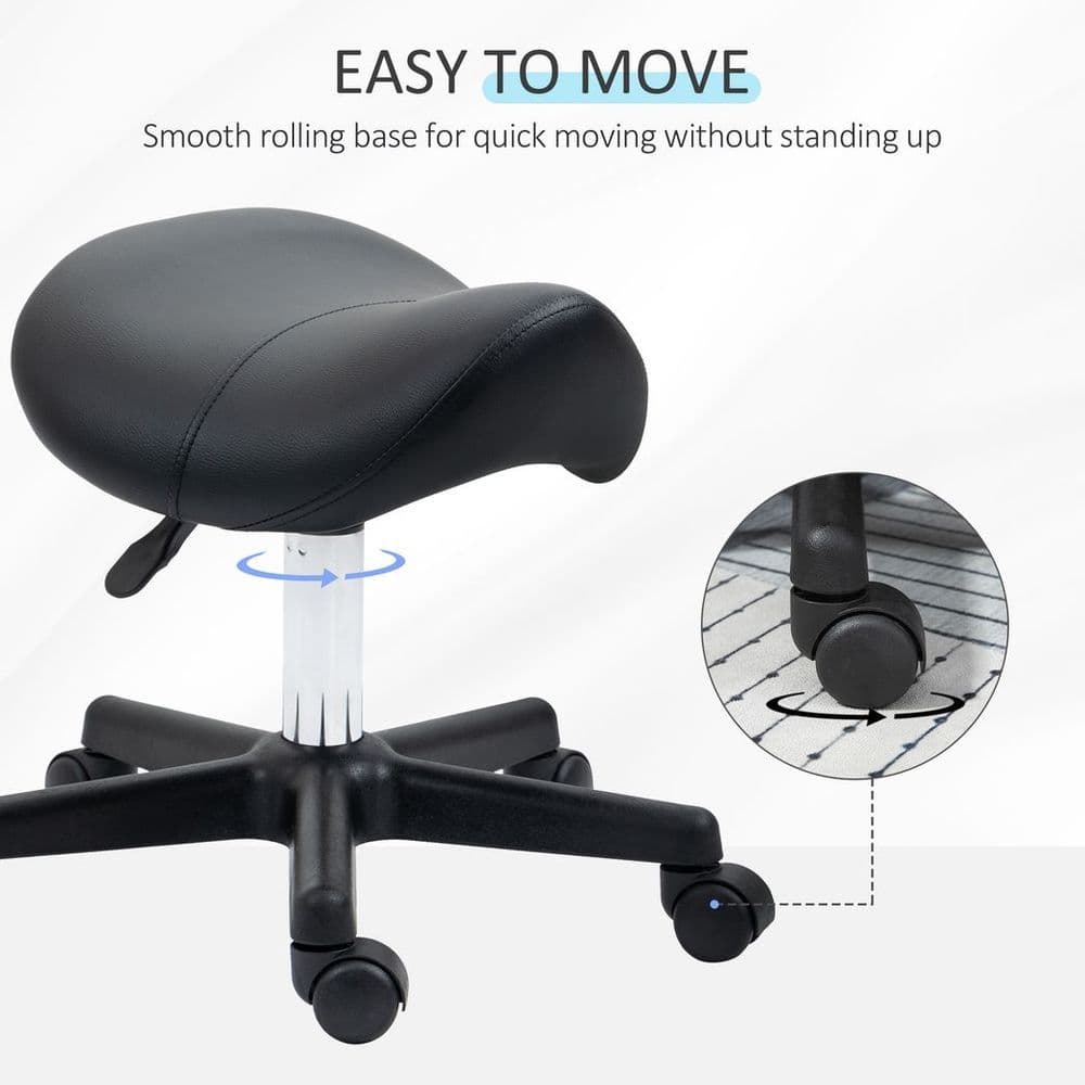image-Saddle Stool PU Leather Adjustable Rolling Salon Chair Steel Frame for Massage