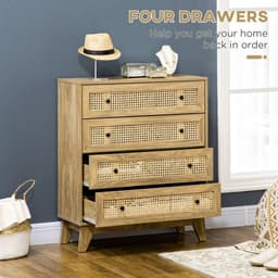 image-Rattan Chest of Drawers 4-Drawer Dresser Storage Cabinet Bedroom, Wood Effect