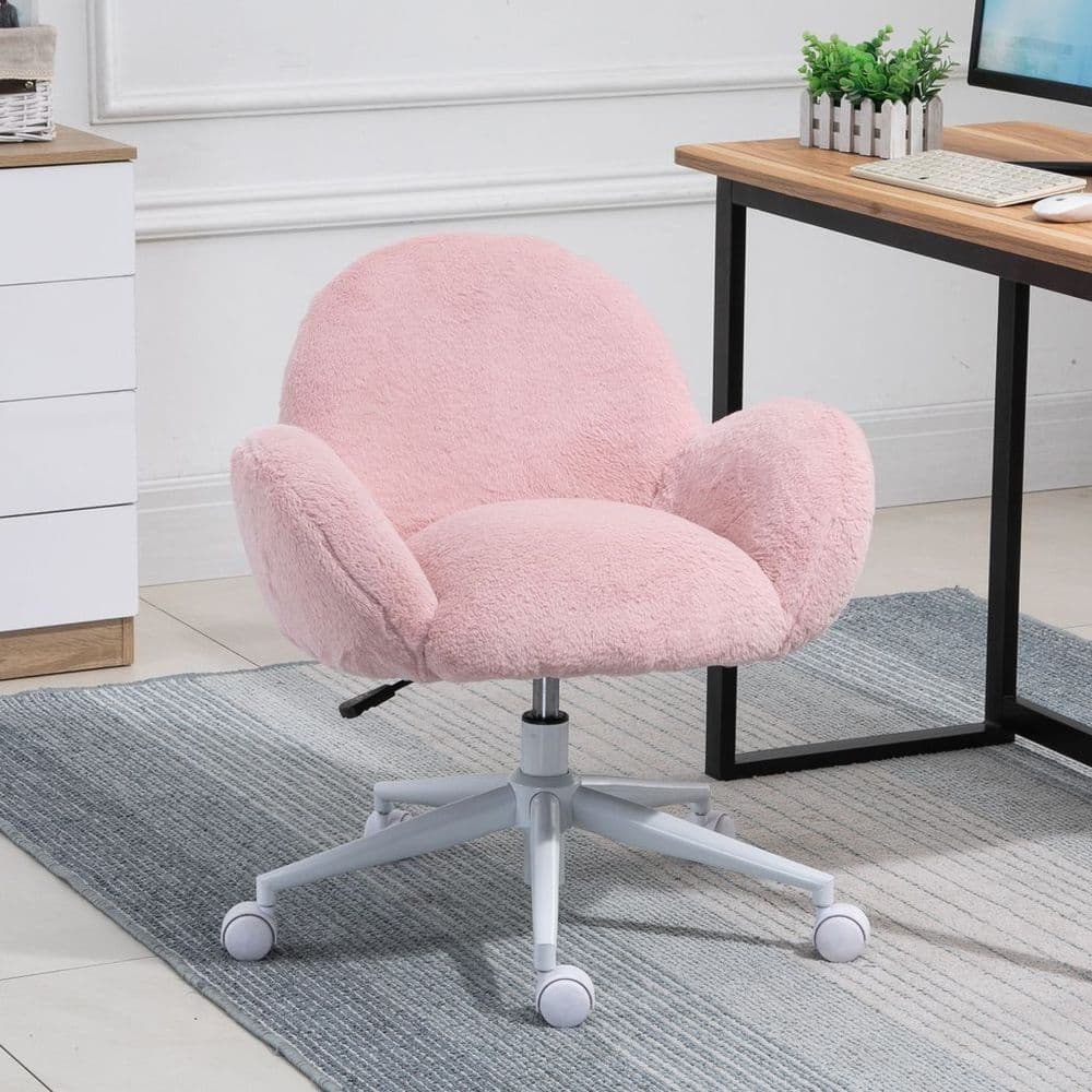 image-Fluffy Leisure Chair Office Chair w/ Backrest and Armrest for Bedroom Pink