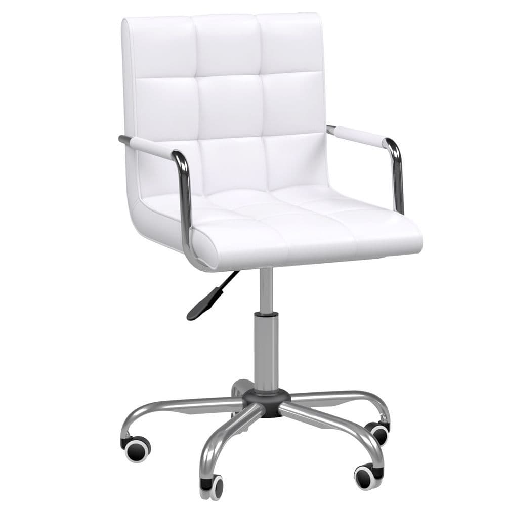 image-Mid Back PU Leather Home Office Chair Swivel Desk Chair with Arm, Wheel, White