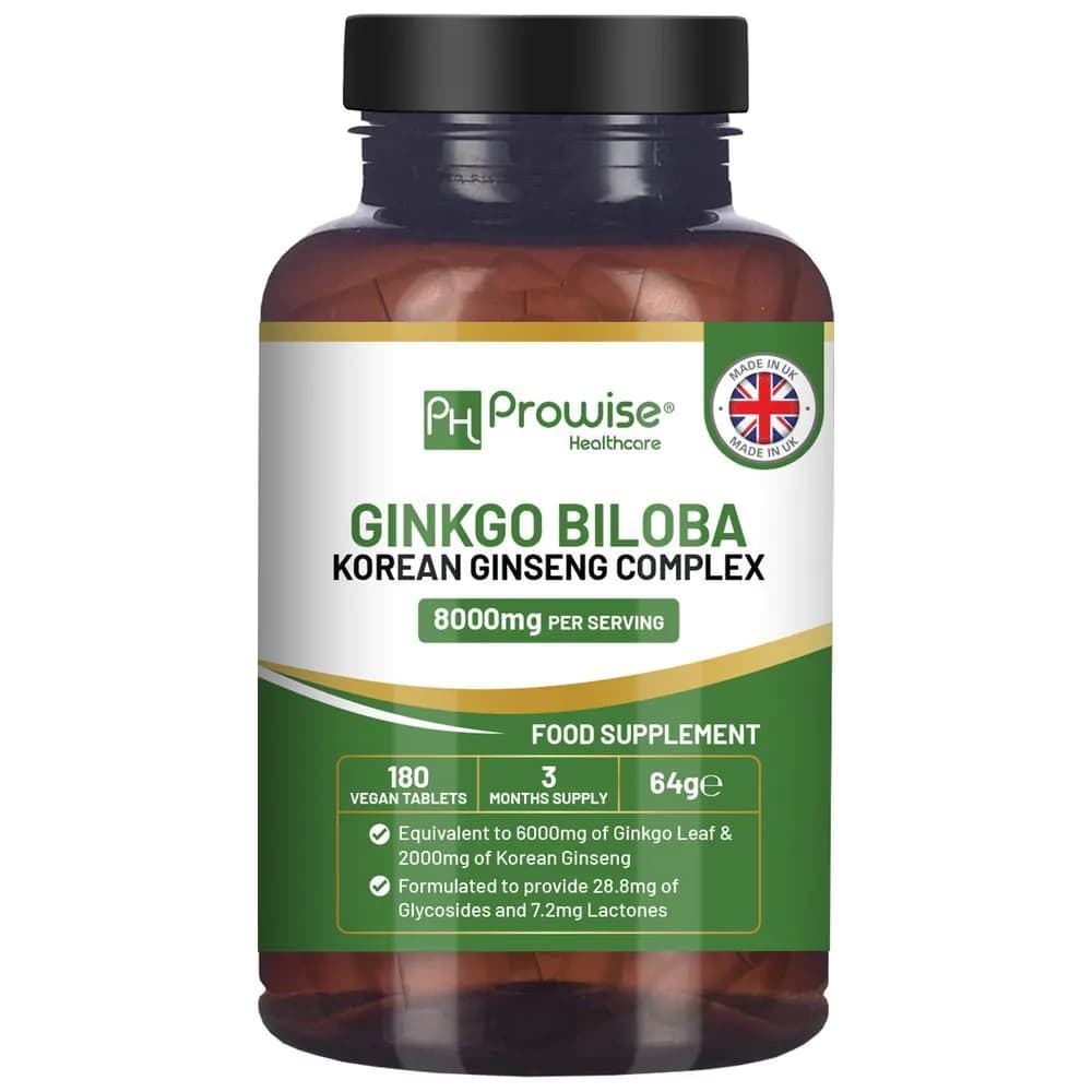 image-Ginkgo Biloba and Korean Ginseng Tablets 8000mg 180 Vegan Tablets by Prowise