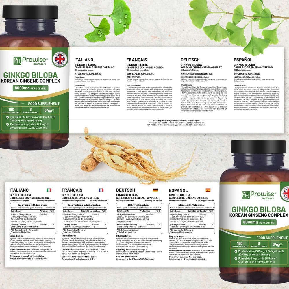 image-Ginkgo Biloba and Korean Ginseng Tablets 8000mg 180 Vegan Tablets by Prowise