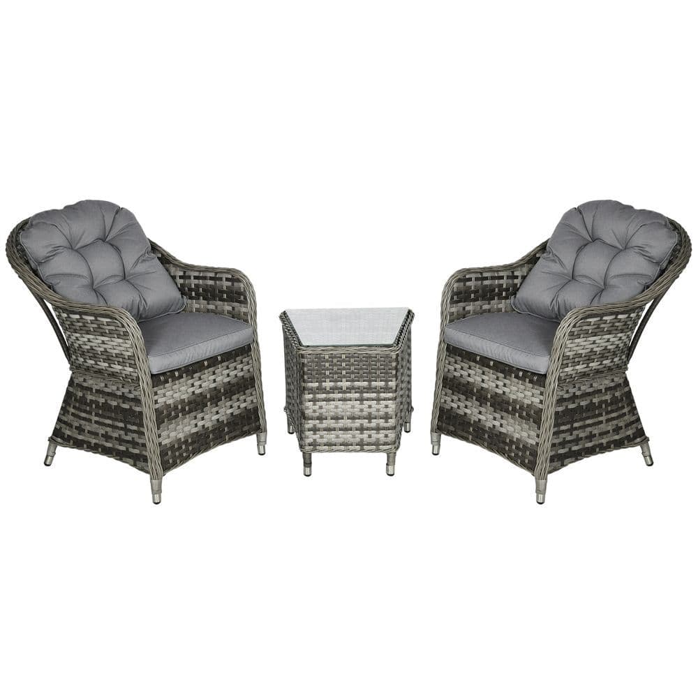 image-3 PCS Aluminium Rattan Bistro Set with Soft Cushions & Glass Top