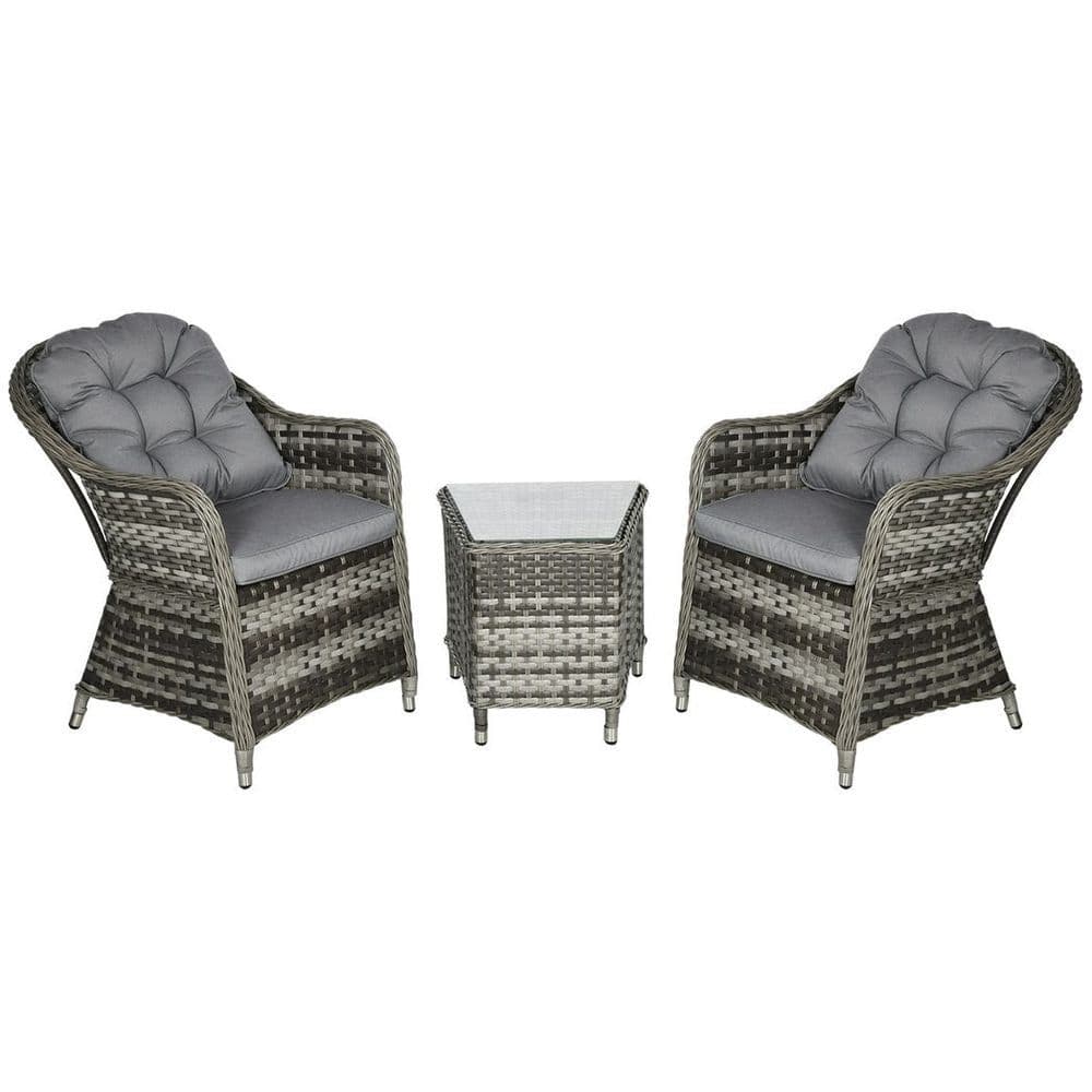 image-3 PCS Aluminium Rattan Bistro Set with Soft Cushions & Glass Top