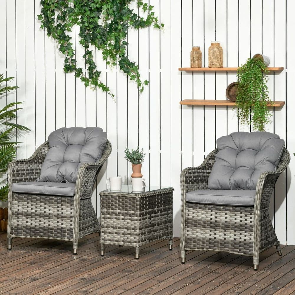 image-3 PCS Aluminium Rattan Bistro Set with Soft Cushions & Glass Top