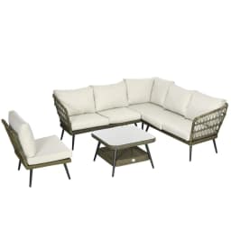 image-5 PCS Rattan Corner Sofa, Rattan Garden Furniture w/ Glass Top Two-tier Table