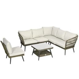 image-5 PCS Rattan Corner Sofa, Rattan Garden Furniture w/ Glass Top Two-tier Table