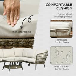 image-5 PCS Rattan Corner Sofa, Rattan Garden Furniture w/ Glass Top Two-tier Table
