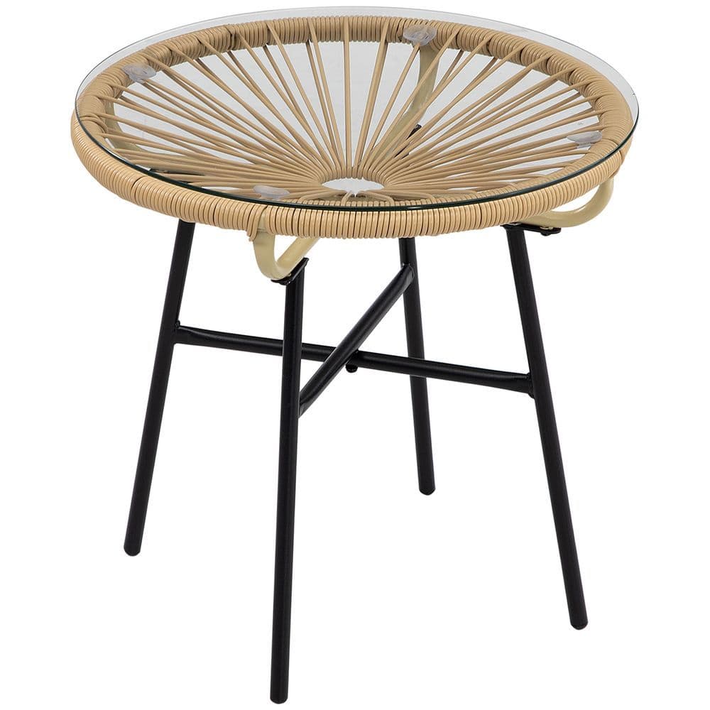 image-Rattan Side Table with Round PE Rattan and Tempered Glass Table Top
