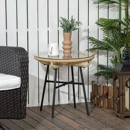 image-Rattan Side Table with Round PE Rattan and Tempered Glass Table Top