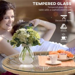 image-Rattan Side Table with Round PE Rattan and Tempered Glass Table Top
