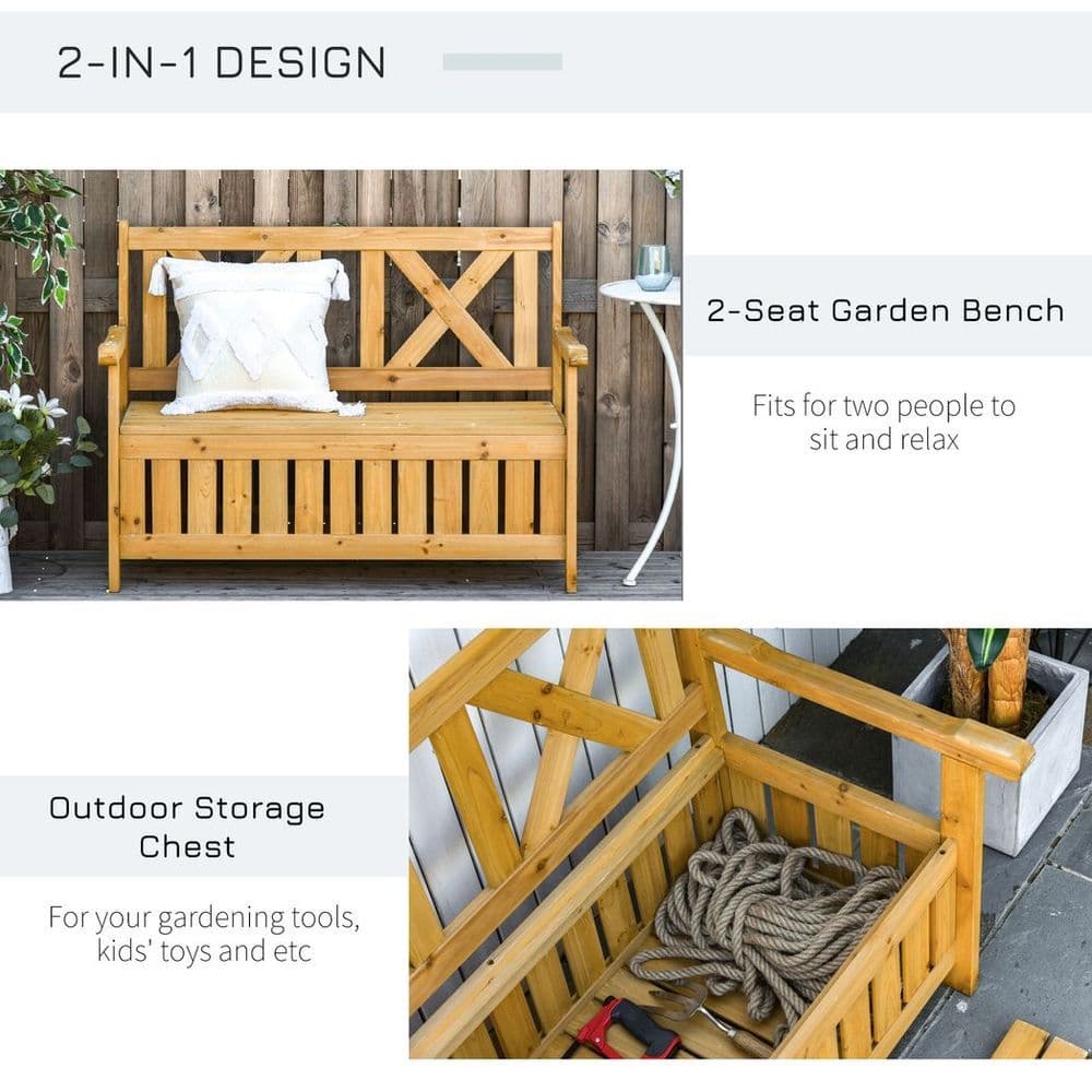 image-2-Seater Garden Storage Bench for Patio Wood Porch Decor Outdoor Seating