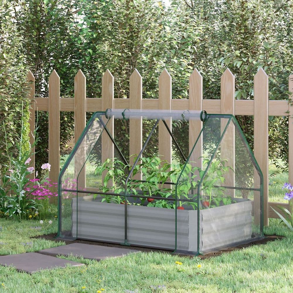 image-Steel Raised Garden Planter Box Kit with Greenhouse, for Dual Use, Clear