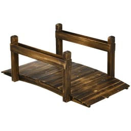 image-5FT Wooden Garden Bridge with Planters Stained Finish Arc Footbridge for Pond
