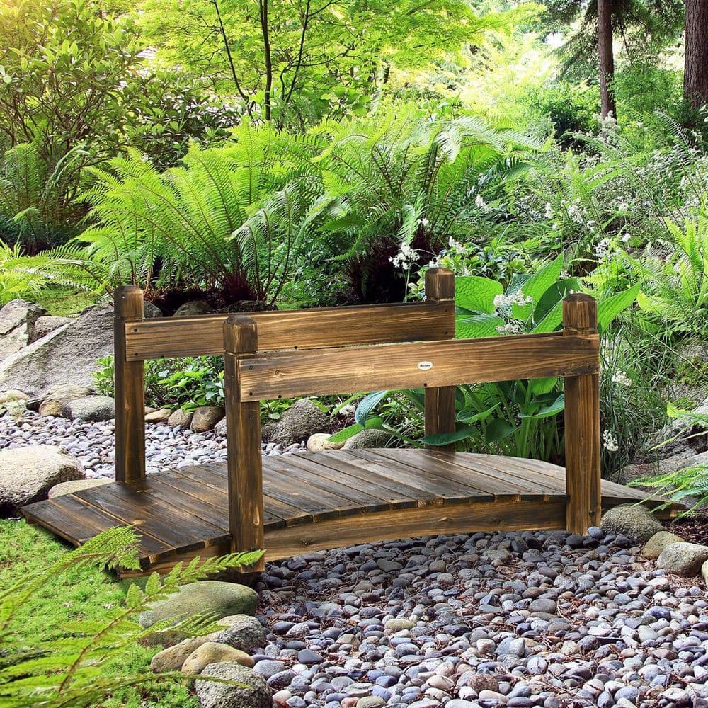 image-5FT Wooden Garden Bridge with Planters Stained Finish Arc Footbridge for Pond
