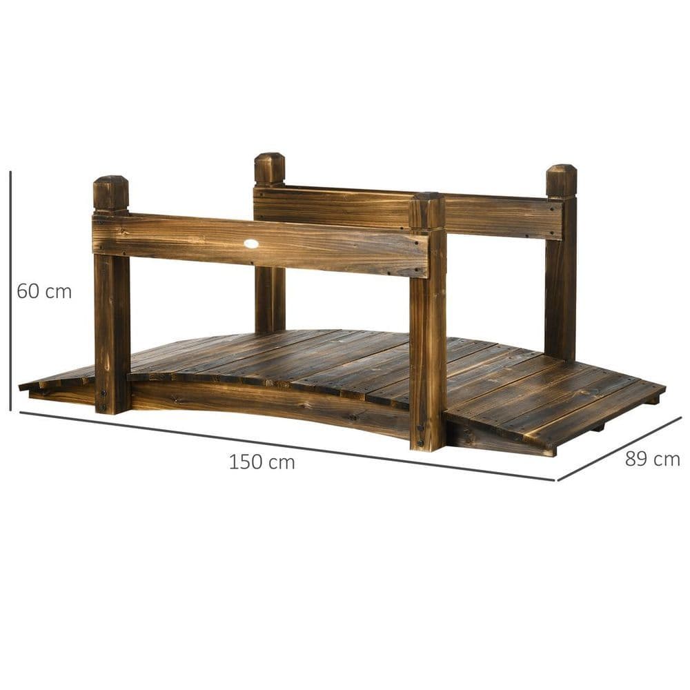 image-5FT Wooden Garden Bridge with Planters Stained Finish Arc Footbridge for Pond