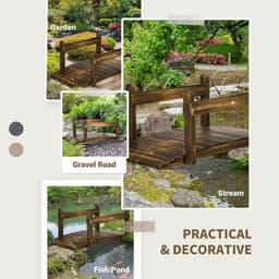 image-5FT Wooden Garden Bridge with Planters Stained Finish Arc Footbridge for Pond