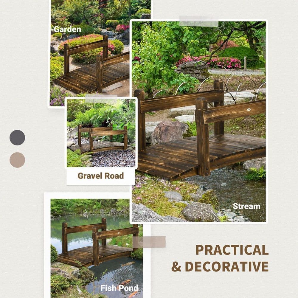 image-5FT Wooden Garden Bridge with Planters Stained Finish Arc Footbridge for Pond