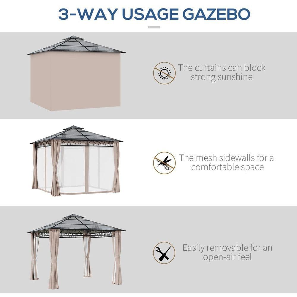 image-3 x 3 (m) Polycarbonate Gazebo, Hard Top Gazebo with Nettings & Curtains