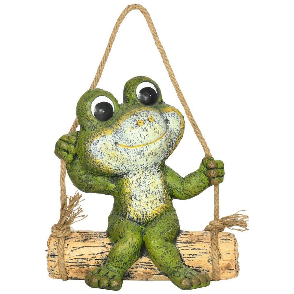 image-Hanging Garden Statue, Vivid Frog on Swing Art Sculpture Indoor Outdoor Ornament