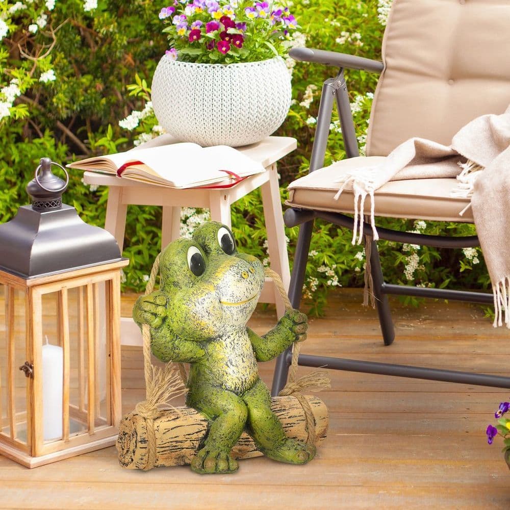 image-Hanging Garden Statue, Vivid Frog on Swing Art Sculpture Indoor Outdoor Ornament