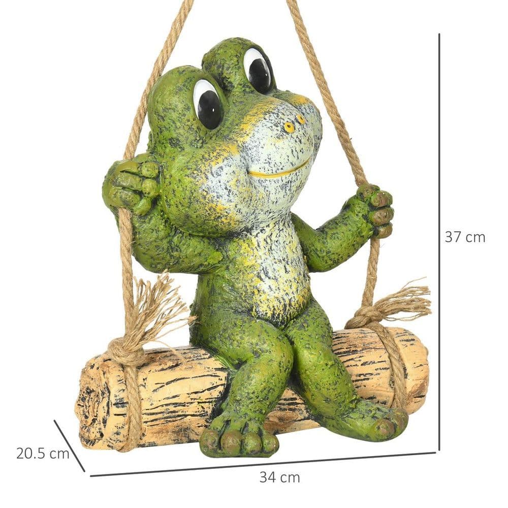 image-Hanging Garden Statue, Vivid Frog on Swing Art Sculpture Indoor Outdoor Ornament