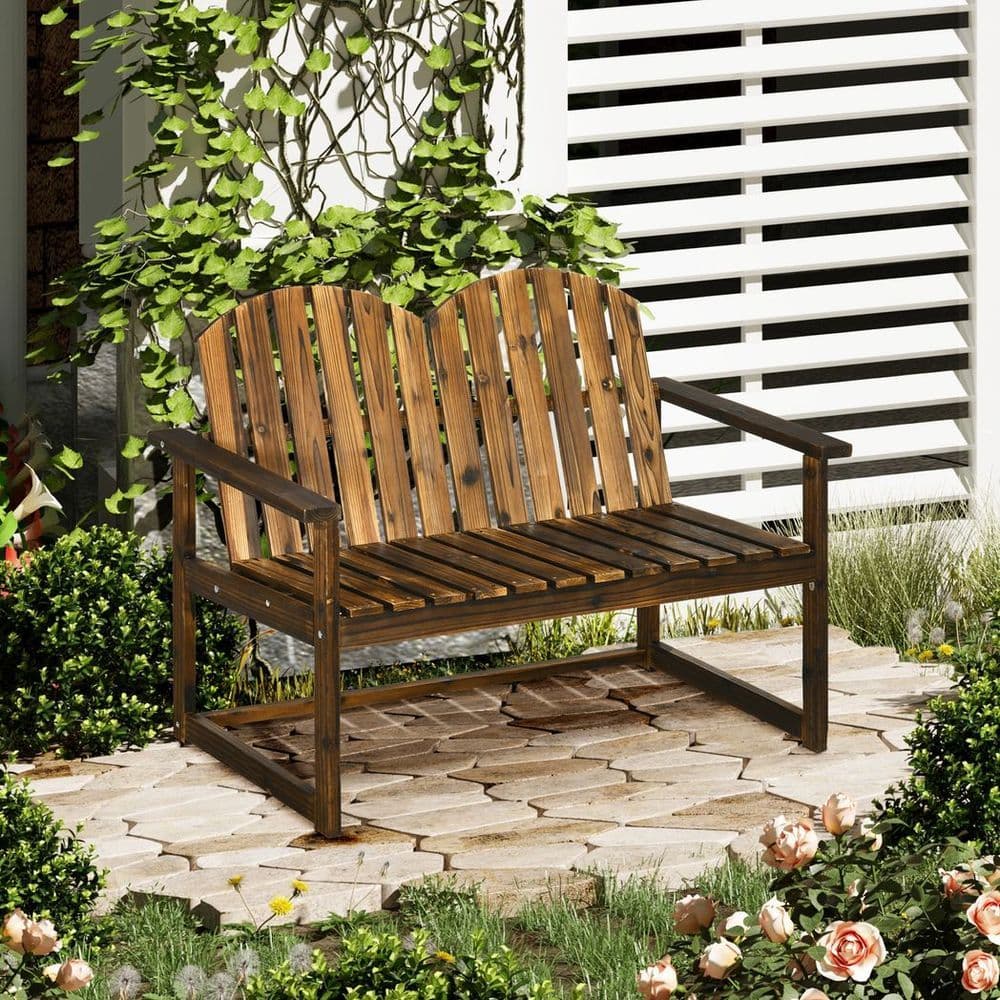 image-Outdoor Wooden Bench for Two People, Patio Loveseat Chair with Slatted Backrest