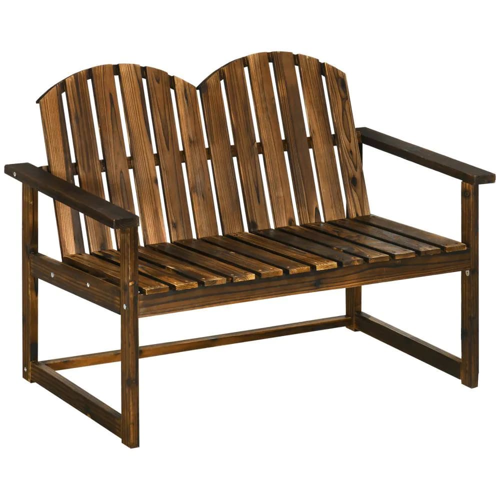 image-Outdoor Wooden Bench for Two People, Patio Loveseat Chair with Slatted Backrest