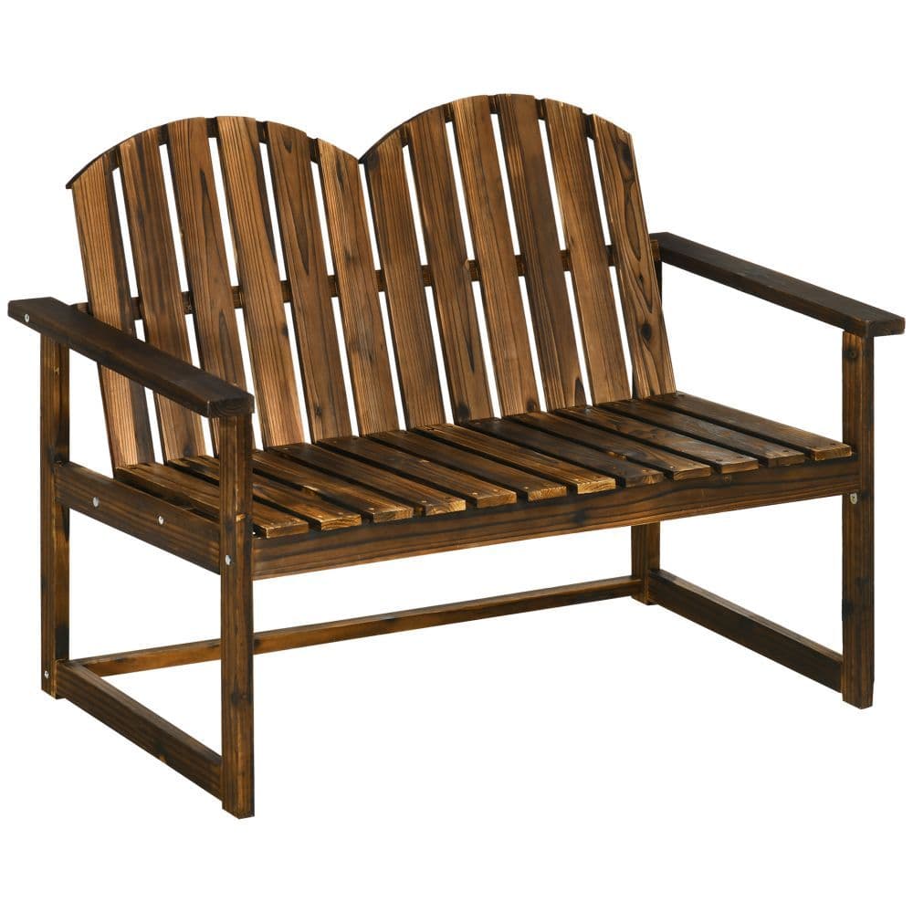 image-Outdoor Wooden Bench for Two People, Patio Loveseat Chair with Slatted Backrest