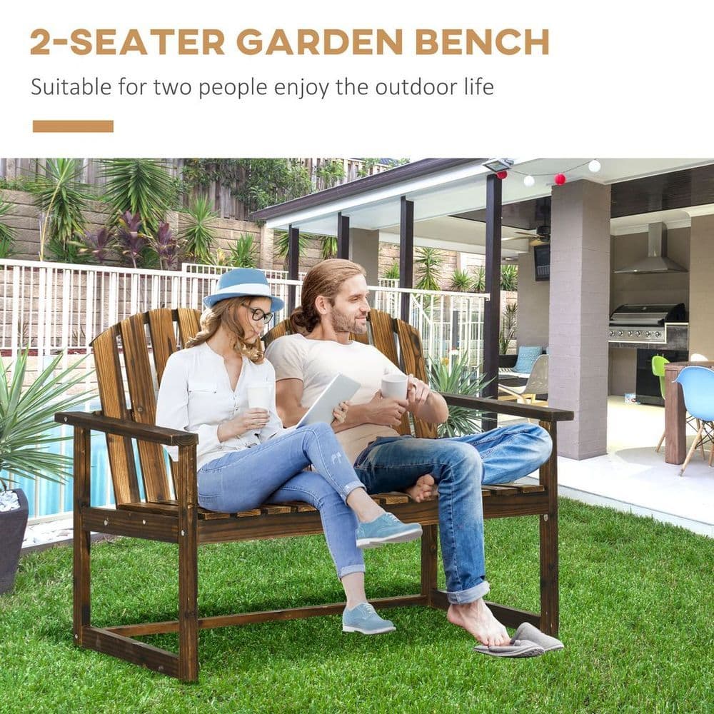 image-Outdoor Wooden Bench for Two People, Patio Loveseat Chair with Slatted Backrest