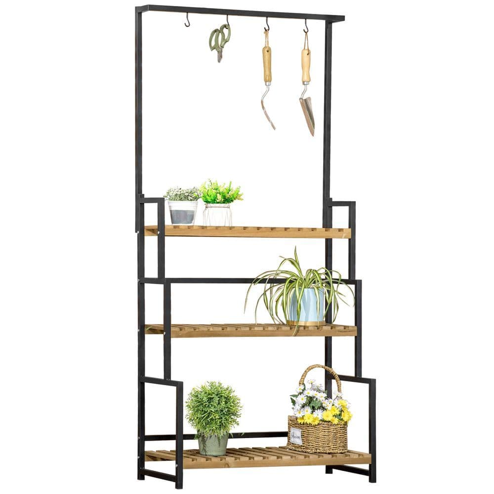 image-3 Tiered Plant Stand Rack with Hanging Hooks for Indoor Outdoor Decoration