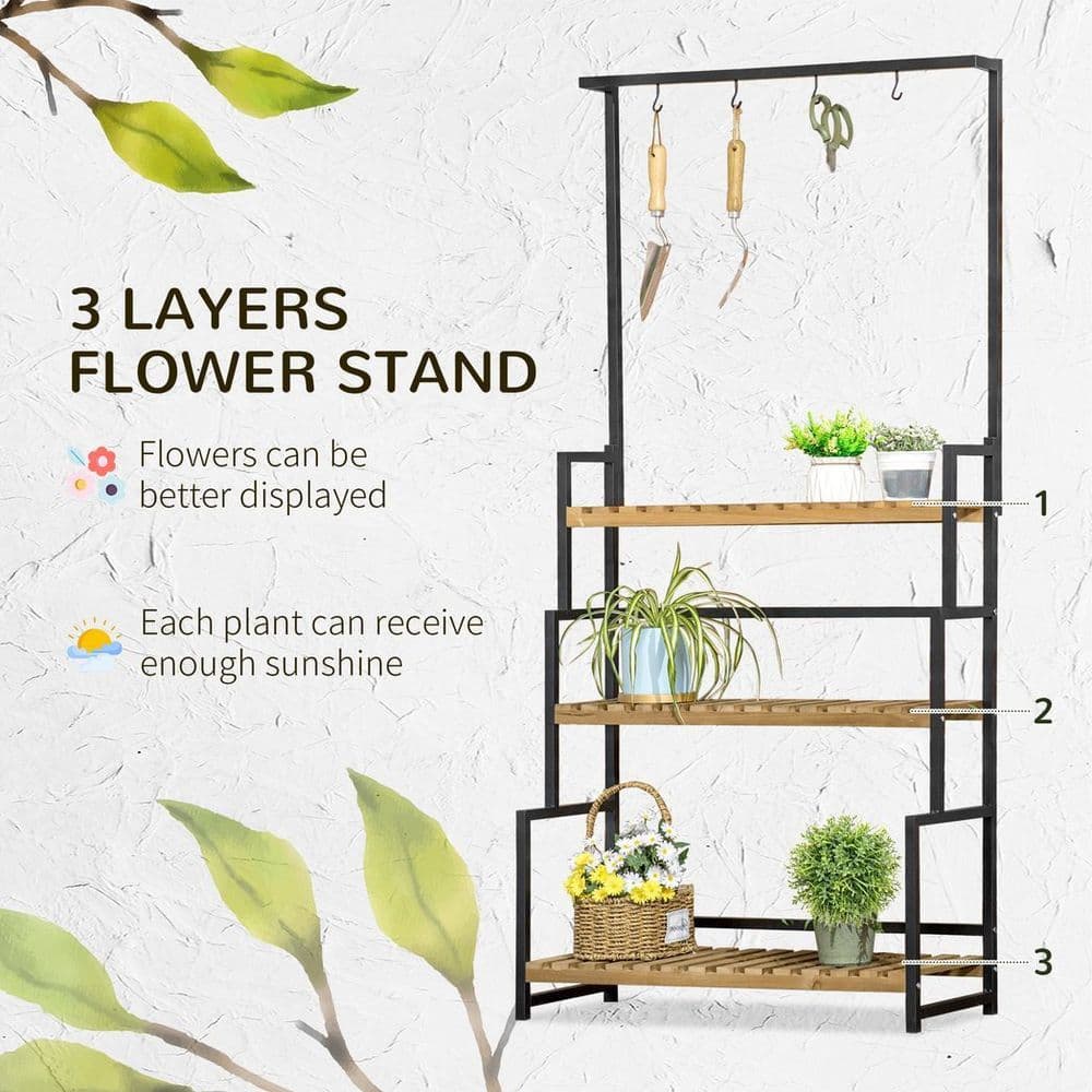 image-3 Tiered Plant Stand Rack with Hanging Hooks for Indoor Outdoor Decoration