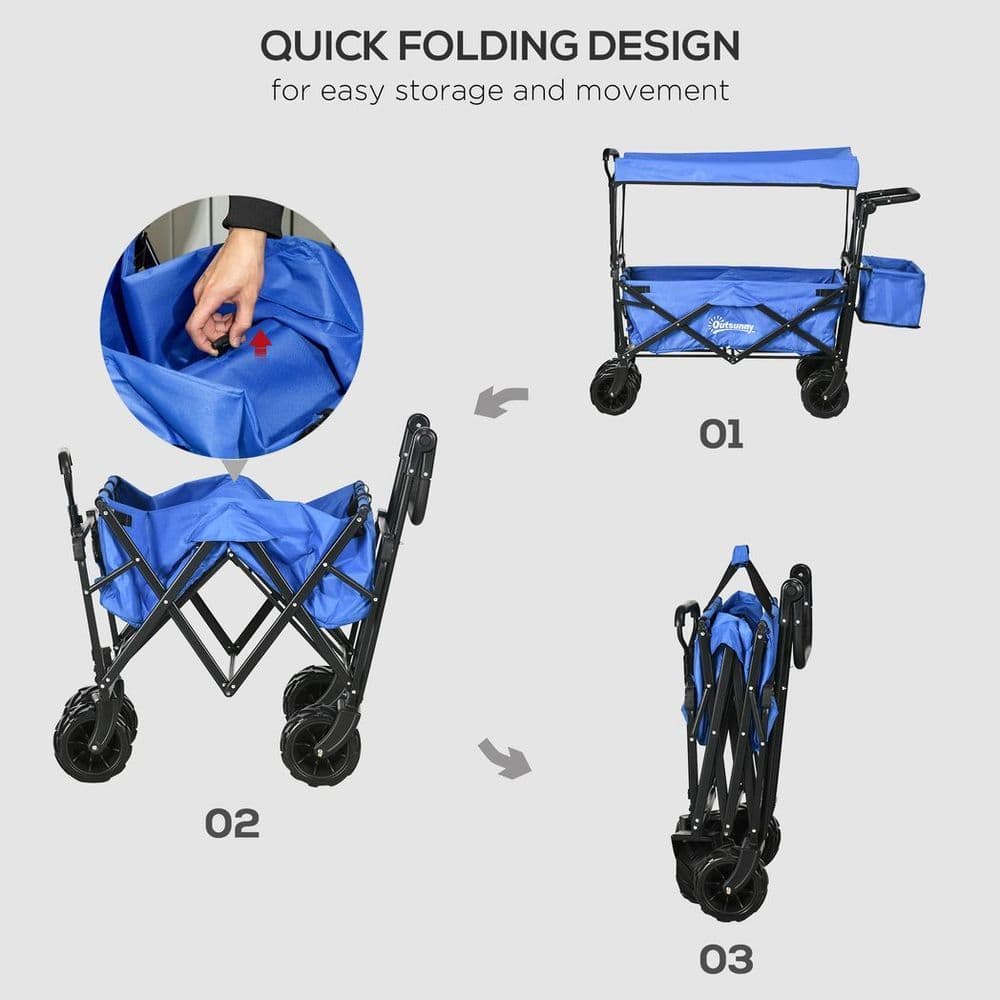 image-Trolley Cart Storage Wagon 4 Wheels w/ 2 Compartments Handle, Canopy, Blue
