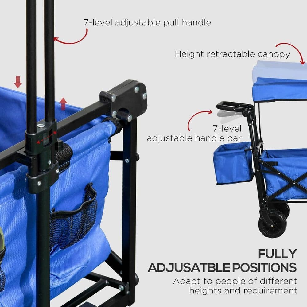 image-Trolley Cart Storage Wagon 4 Wheels w/ 2 Compartments Handle, Canopy, Blue