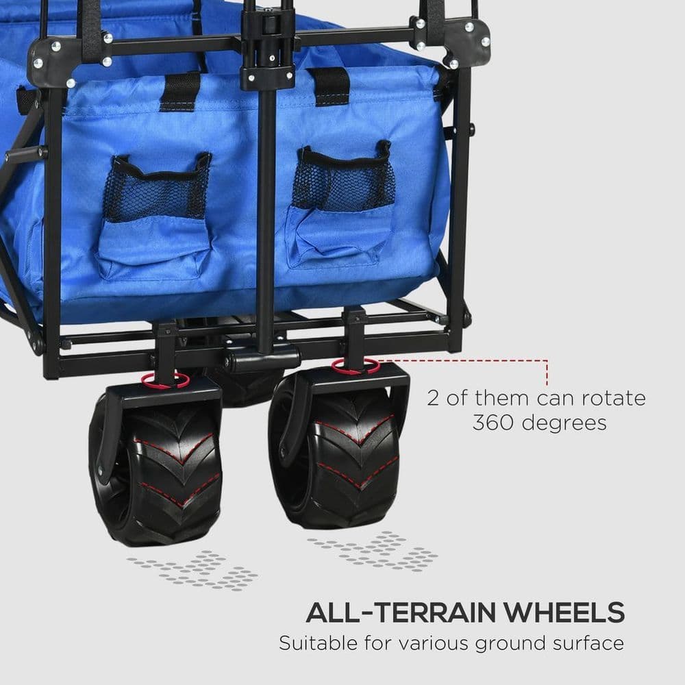 image-Trolley Cart Storage Wagon 4 Wheels w/ 2 Compartments Handle, Canopy, Blue