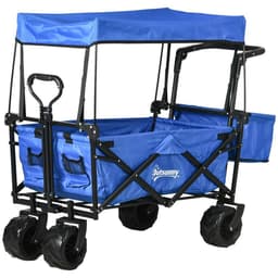 image-Trolley Cart Storage Wagon 4 Wheels w/ 2 Compartments Handle, Canopy, Blue