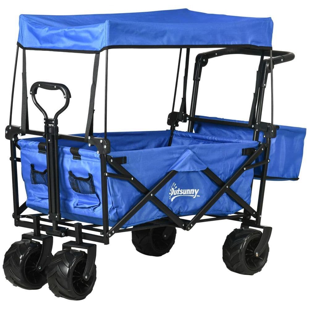 image-Trolley Cart Storage Wagon 4 Wheels w/ 2 Compartments Handle, Canopy, Blue