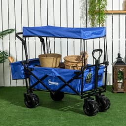 image-Trolley Cart Storage Wagon 4 Wheels w/ 2 Compartments Handle, Canopy, Blue