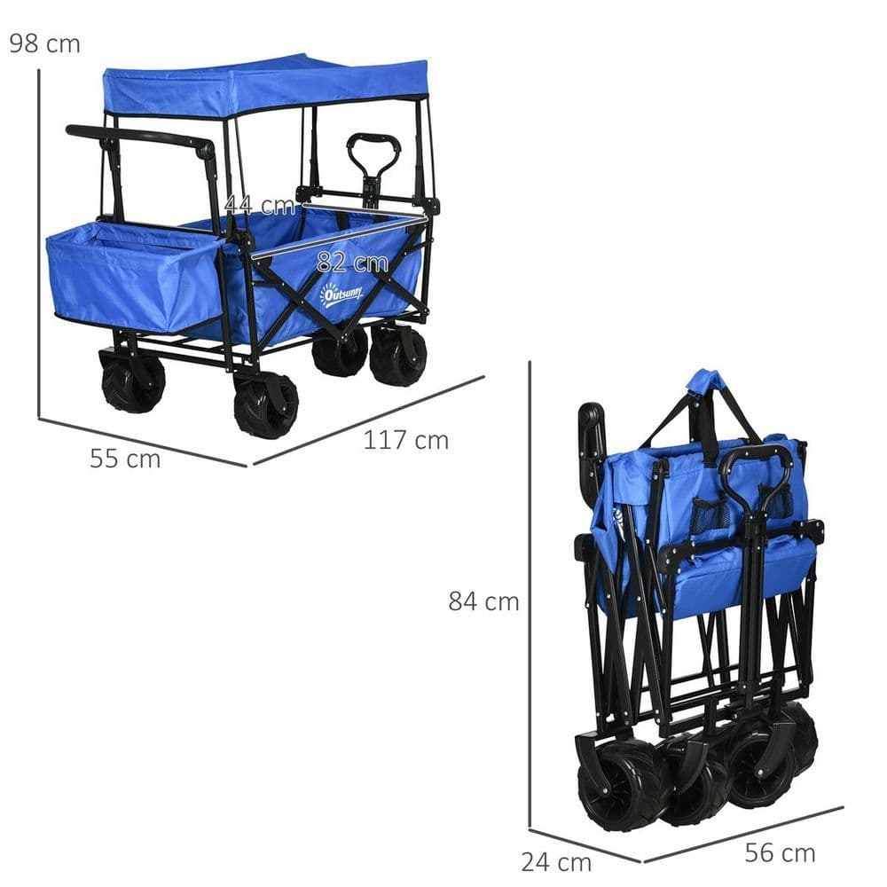 image-Trolley Cart Storage Wagon 4 Wheels w/ 2 Compartments Handle, Canopy, Blue