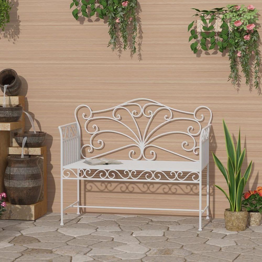 image-2 Seater Metal Bench Park Seating Outdoor Furniture Chair w/ Backrest White