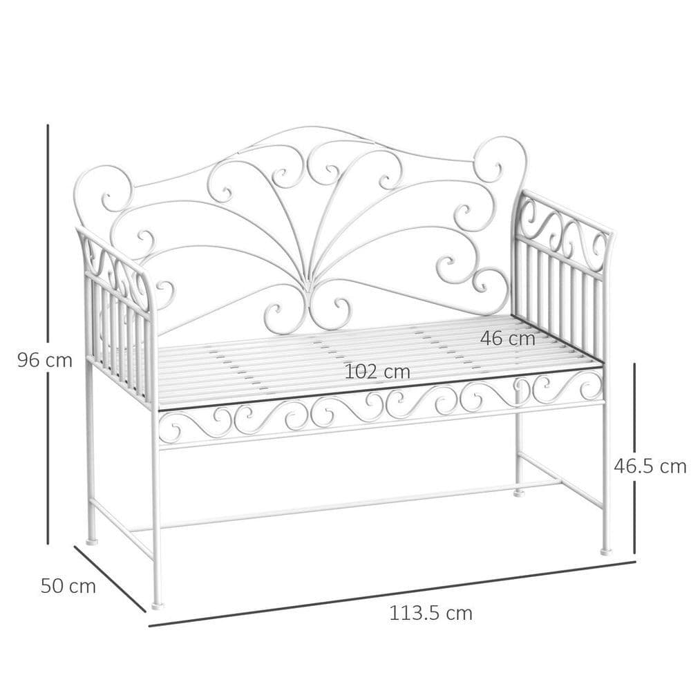 image-2 Seater Metal Bench Park Seating Outdoor Furniture Chair w/ Backrest White