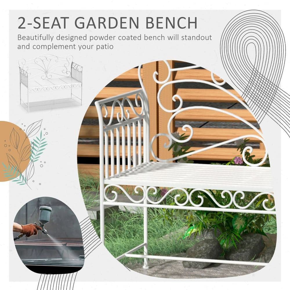 image-2 Seater Metal Bench Park Seating Outdoor Furniture Chair w/ Backrest White