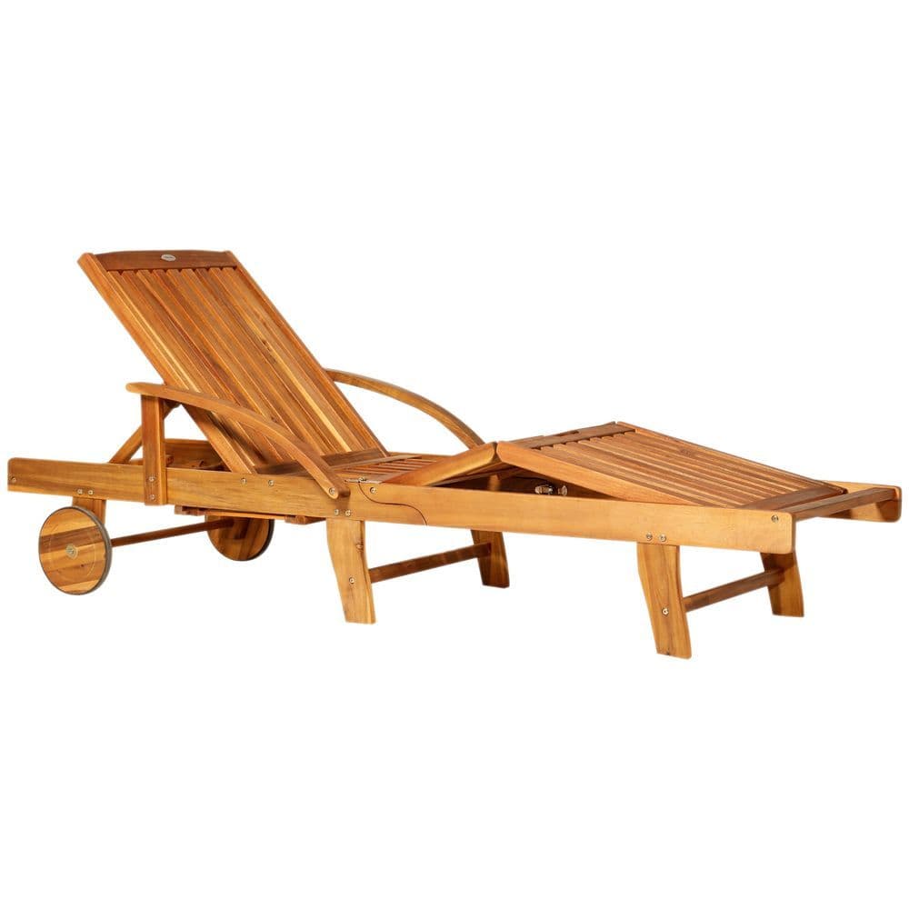 image-Garden Wood Sun Bed Lounger Chaise Recliner Adjustable Back Footrest w/ Wheels