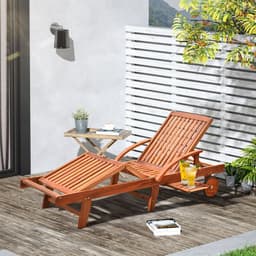 image-Garden Wood Sun Bed Lounger Chaise Recliner Adjustable Back Footrest w/ Wheels