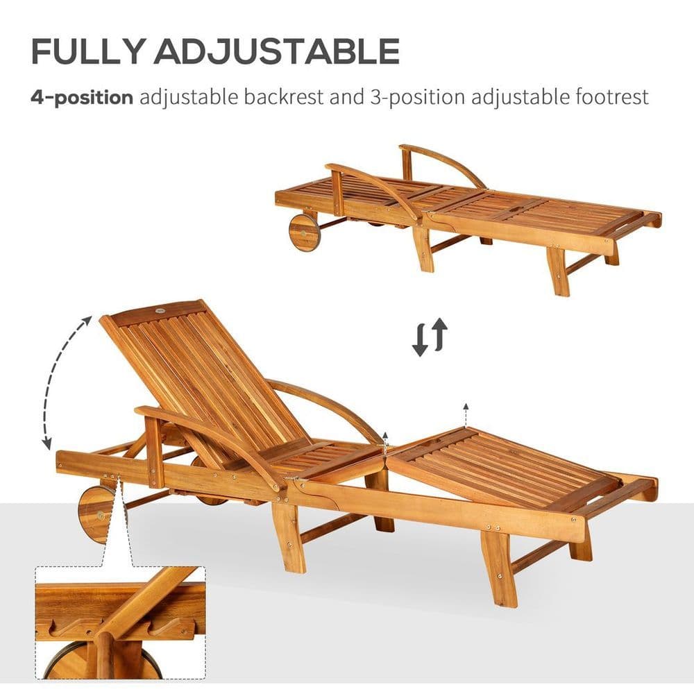 image-Garden Wood Sun Bed Lounger Chaise Recliner Adjustable Back Footrest w/ Wheels