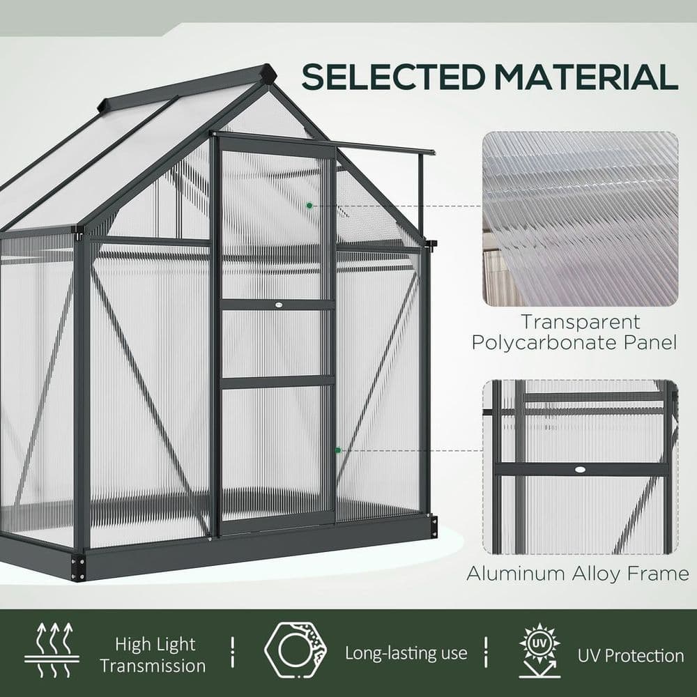 image-Polycarbonate Walk-In Garden Greenhouse Aluminium Frame w/ Slide Door 6 x 4ft
