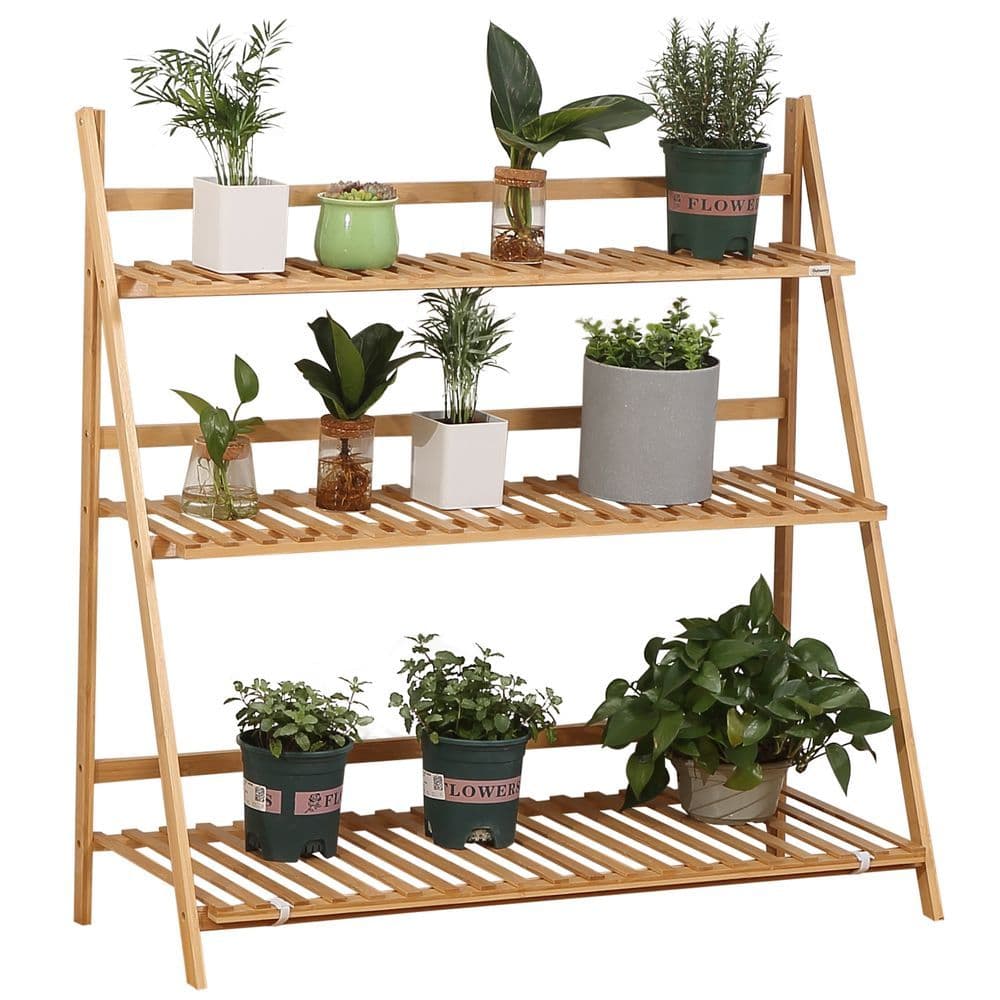 image-3-Tier Folding Bamboo Plant Stand Display Shelf Rack for Indoor & Outdoor