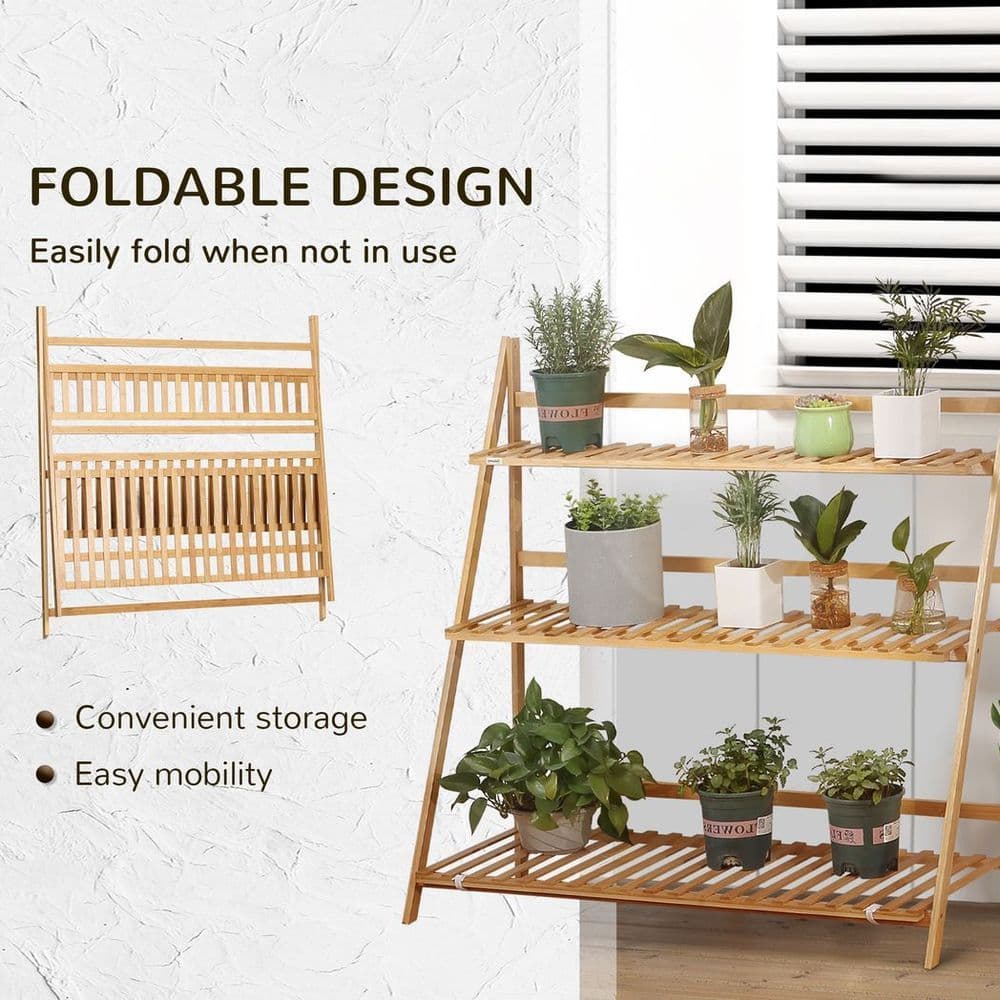 image-3-Tier Folding Bamboo Plant Stand Display Shelf Rack for Indoor & Outdoor