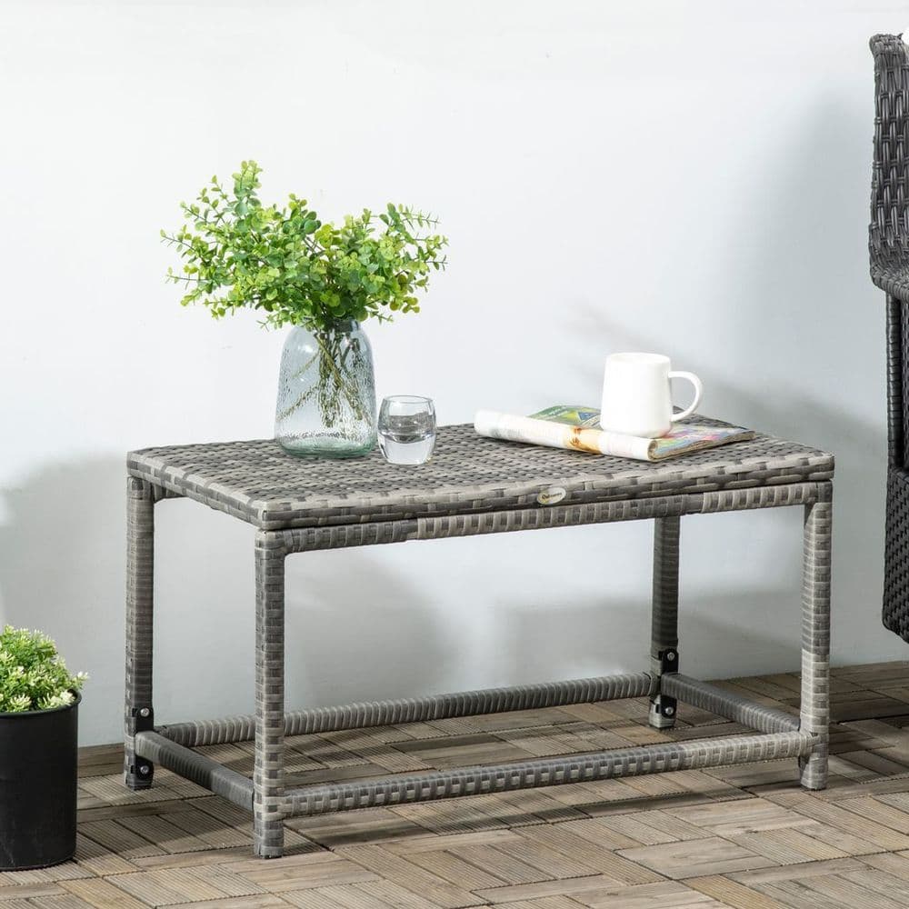 image-Outdoor Coffee Table w/ Plastic Board Under the Full Woven Table Top, Grey